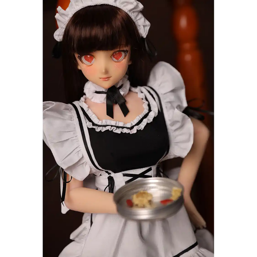 2ft 60cm anime style female mini silicone sex doll with medium breasts, tanned skin and a fit athletic body in a French maids outfit.