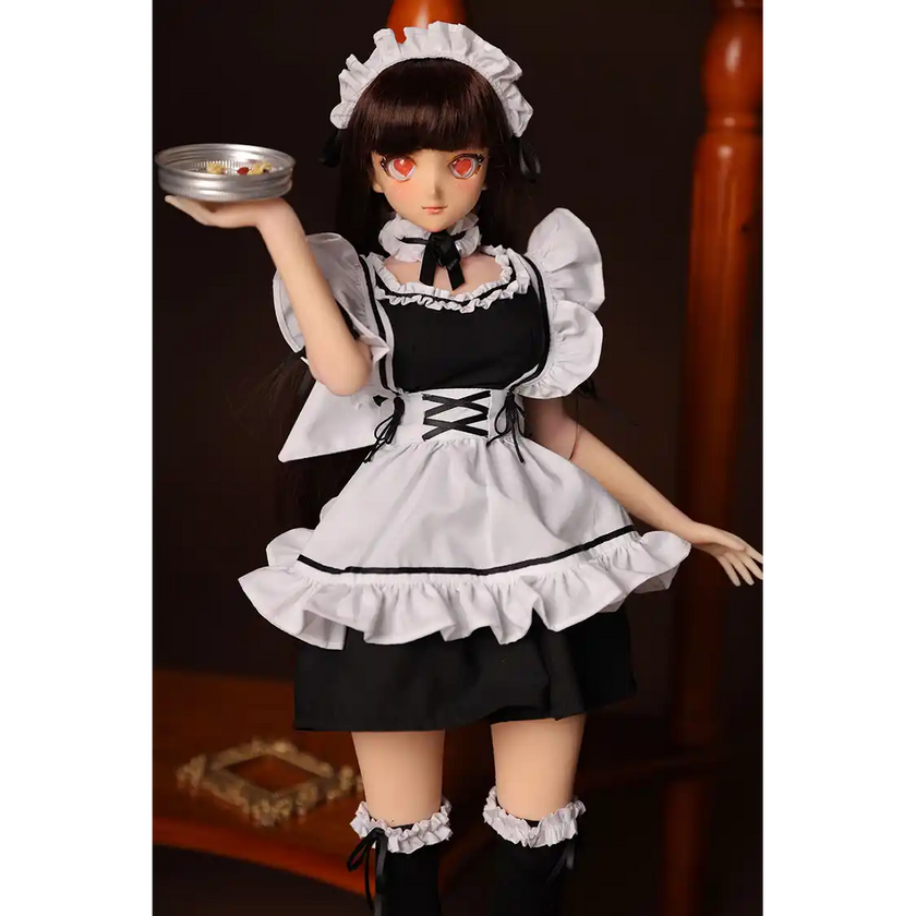 2ft 60cm anime style female mini silicone sex doll with medium breasts, tanned skin and a fit athletic body in a French maids outfit.