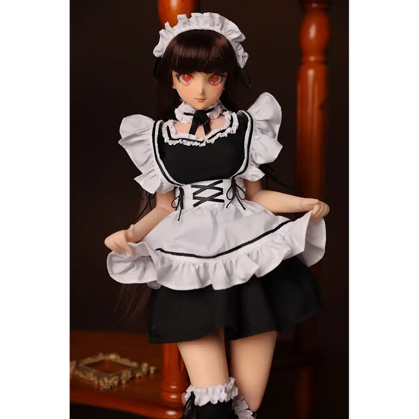 2ft 60cm anime style female mini silicone sex doll with medium breasts, tanned skin and a fit athletic body in a French maids outfit.