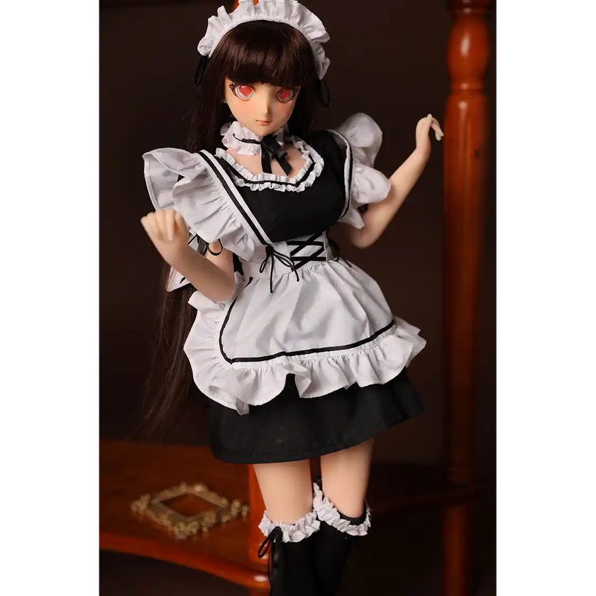 2ft 60cm anime style female mini silicone sex doll with medium breasts, tanned skin and a fit athletic body in a French maids outfit.