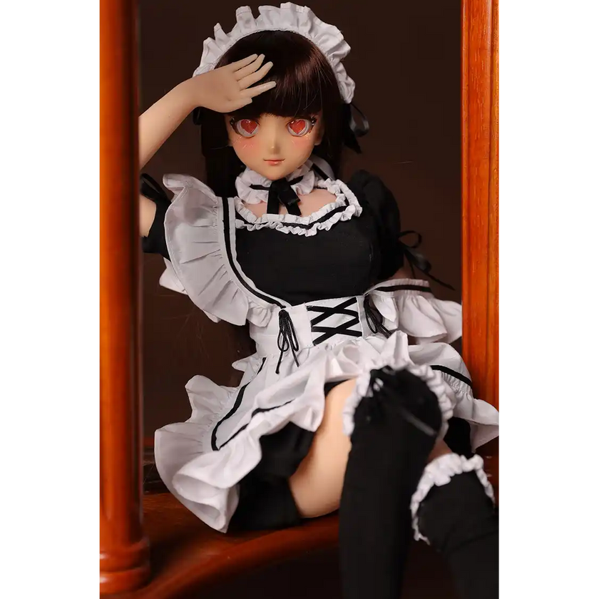 2ft 60cm anime style female mini silicone sex doll with medium breasts, tanned skin and a fit athletic body in a French maids outfit.