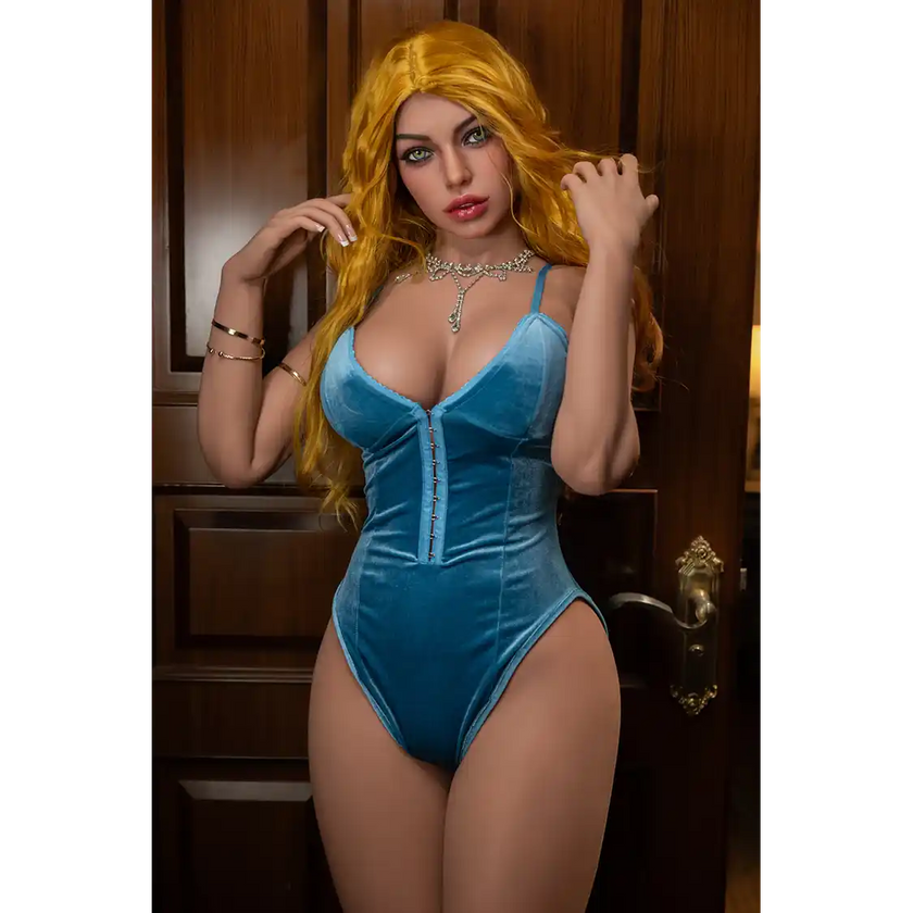 5ft 5in or 166cm lifelike full size large breast curvy white female sex doll with long legs, lightly tanned skin, long wavy blonde hair and Hazel eyes.