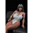 5ft 2in 158cm curvy black TPE sex doll with straight dark hair, large I cup breasts and blue eyes in a swim suit.