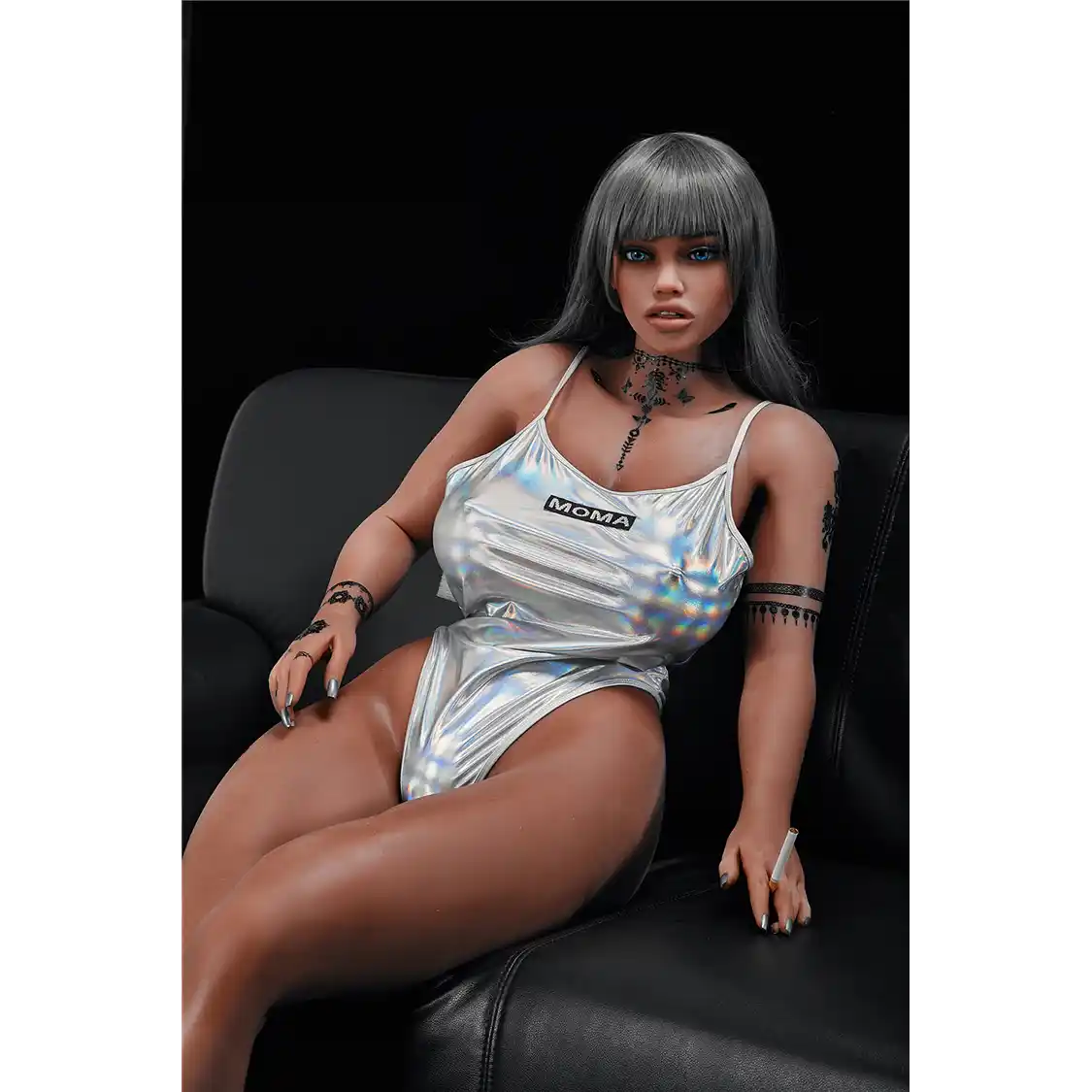 5ft 2in 158cm curvy black TPE sex doll with straight dark hair, large I cup breasts and blue eyes in a swim suit.