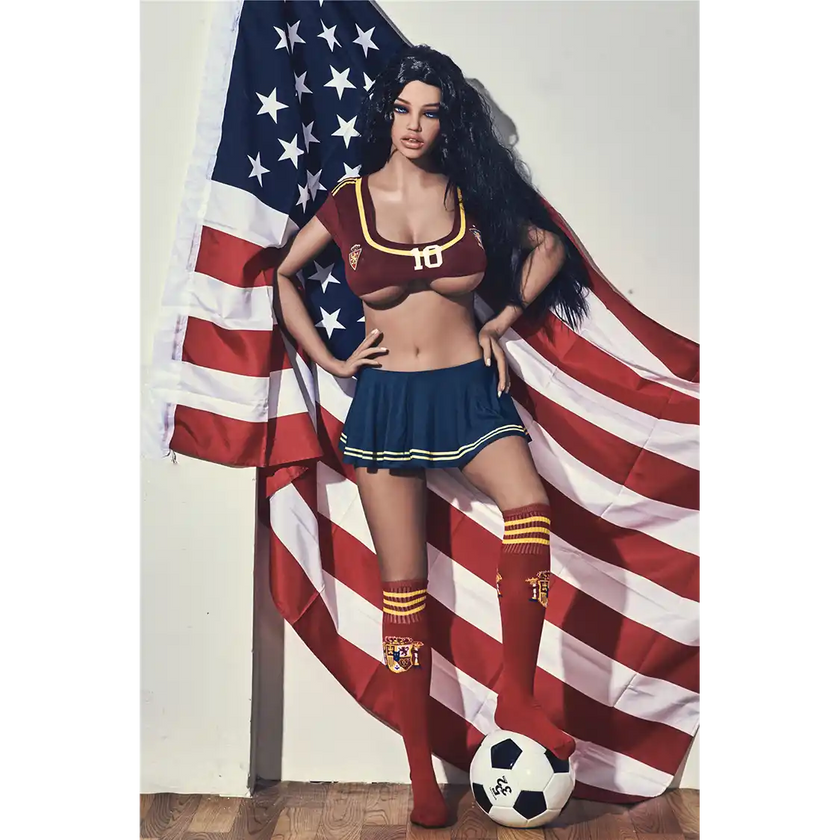 5ft 4in 163cm curvy athletic TPE sex doll with G cup breasts in a soccer outfit with long wavy black hair.