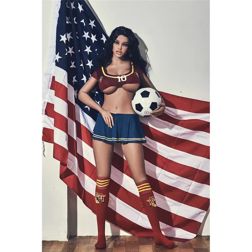 5ft 4in 163cm curvy athletic TPE sex doll with G cup breasts in a soccer outfit with long wavy black hair.
