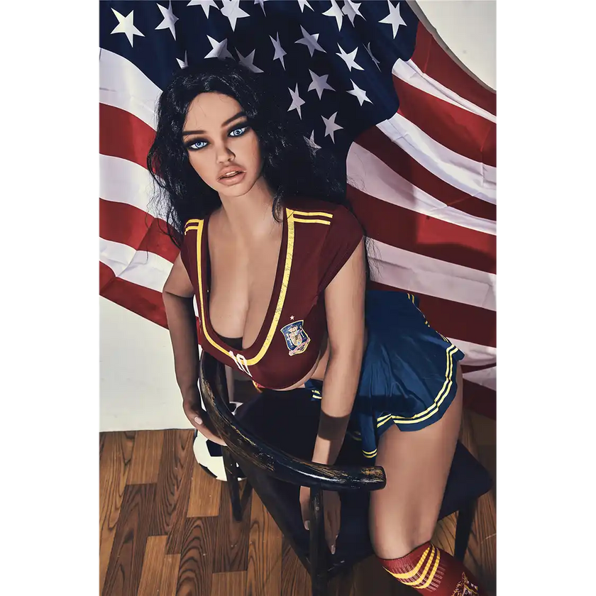 5ft 4in 163cm curvy athletic TPE sex doll with G cup breasts in a soccer outfit with long wavy black hair.