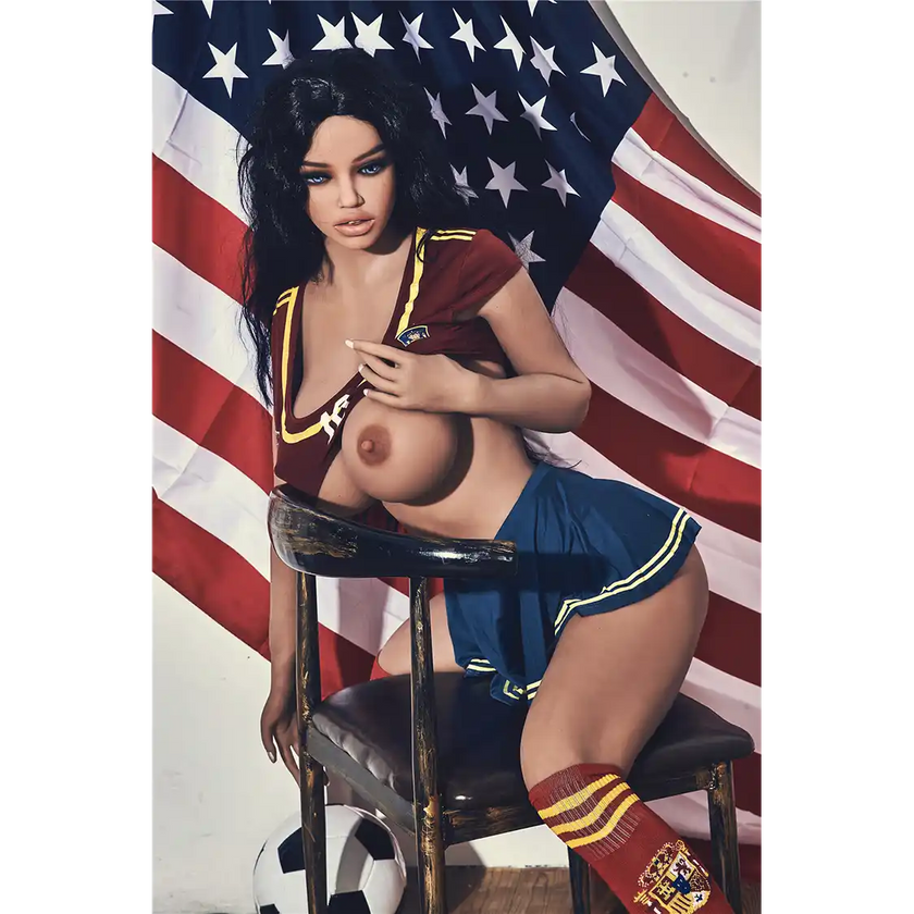5ft 4in 163cm curvy athletic TPE sex doll with G cup breasts in a soccer outfit with long wavy black hair.