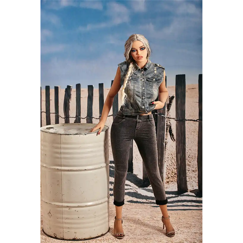 5ft 3in 159cm curvy black TPE sex doll with long braided blonde hair, large E cup breasts and blue eyes in a western outfit.