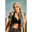 5ft 3in 159cm curvy black TPE sex doll with long braided blonde hair, large E cup breasts and blue eyes in a western outfit.