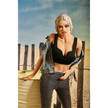 5ft 3in 159cm curvy black TPE sex doll with long braided blonde hair, large E cup breasts and blue eyes in a western outfit.