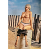 5ft 3in 159cm curvy black TPE sex doll with long braided blonde hair, large E cup breasts and blue eyes in a western outfit.