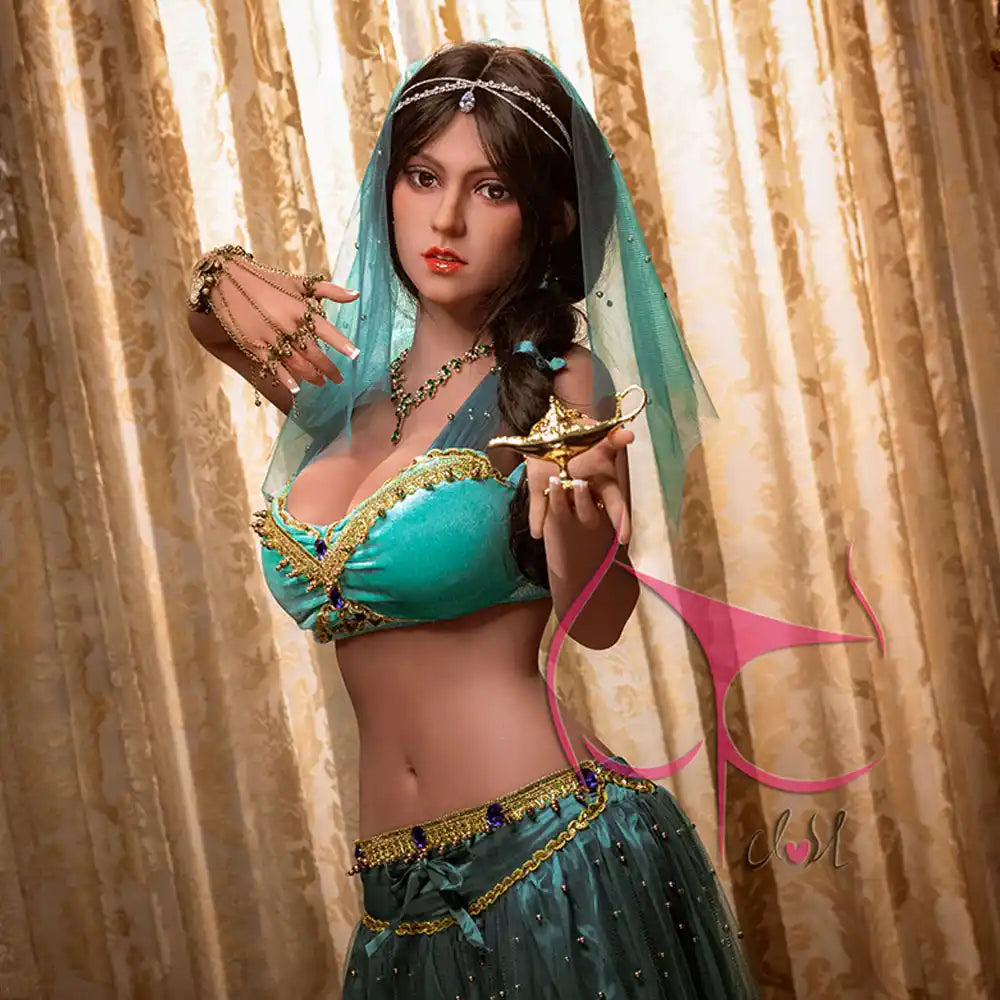 5ft 3in 164cm Middle Eastern female TPE sex doll by Fun West with brown hair, F-cup breasts, curvy figure and belly dancer outfit.