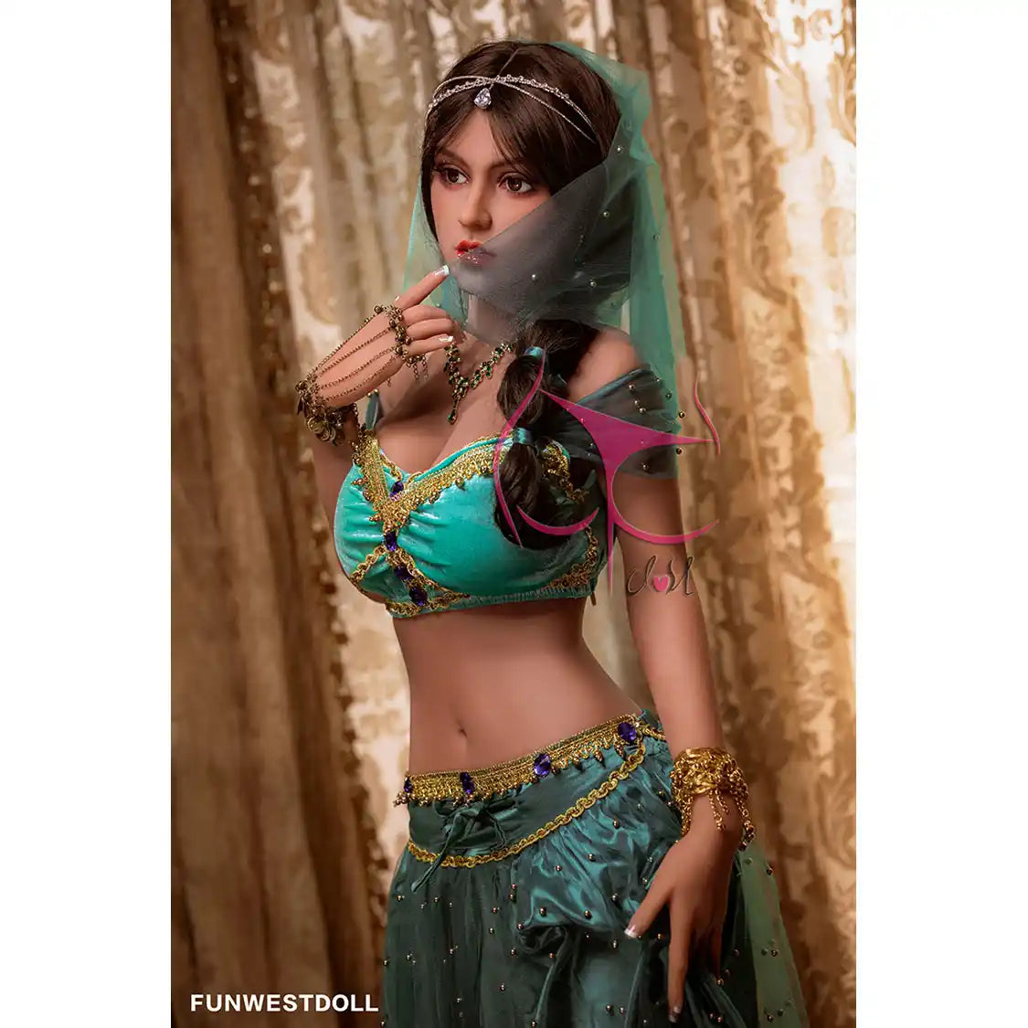 5ft 3in 164cm Middle Eastern female TPE sex doll by Fun West with brown hair, F-cup breasts, curvy figure and belly dancer outfit.