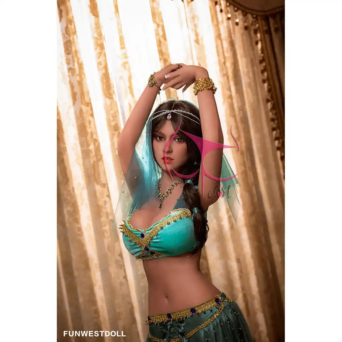 5ft 3in 164cm Middle Eastern female TPE sex doll by Fun West with brown hair, F-cup breasts, curvy figure and belly dancer outfit.