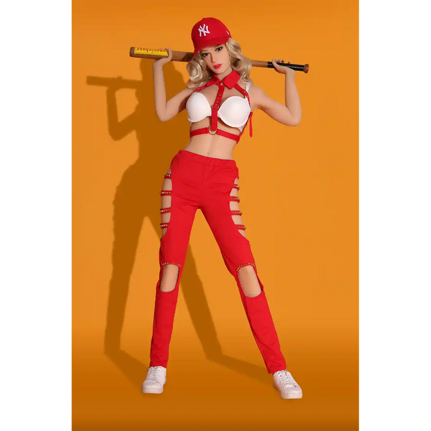 5ft 5in 165cm white female TPE sex doll with blonde hair, medium breasts and a slim athletic figure in a baseball outfit.