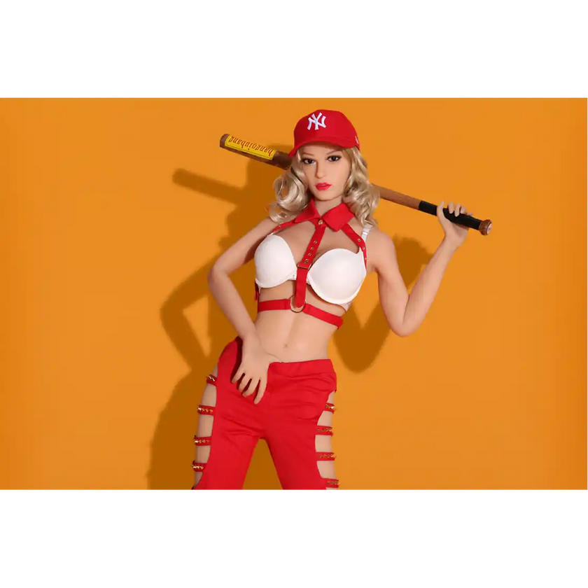 5ft 5in 165cm white female TPE sex doll with blonde hair, medium breasts and a slim athletic figure in a baseball outfit.