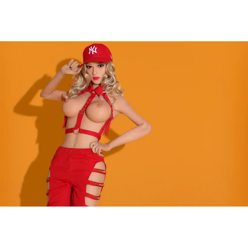 5ft 5in 165cm white female TPE sex doll with blonde hair, medium breasts and a slim athletic figure in a baseball outfit.