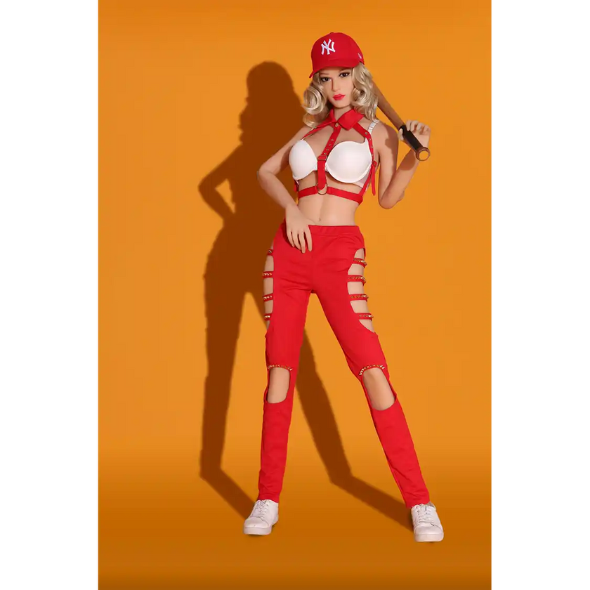 5ft 5in 165cm white female TPE sex doll with blonde hair, medium breasts and a slim athletic figure in a baseball outfit.