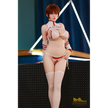 5ft 4in or 163cm curvy Asian hybrid sex doll with long legs, long bright red hair, large breasts, large butt, and brown eyes in red and white cosplay lingerie.