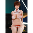 5ft 4in or 163cm curvy Asian hybrid sex doll with long legs, long bright red hair, large breasts, large butt, and brown eyes in red and white cosplay lingerie.