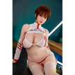 5ft 4in or 163cm curvy Asian hybrid sex doll with long legs, long bright red hair, large breasts, large butt, and brown eyes in red and white cosplay lingerie.