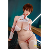 5ft 4in or 163cm curvy Asian hybrid sex doll with long legs, long bright red hair, large breasts, large butt, and brown eyes in red and white cosplay lingerie.