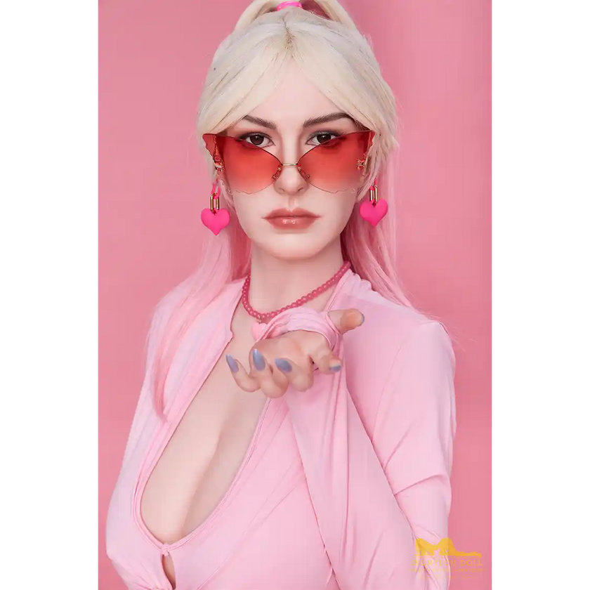 5ft 4in or 162cm curvy silicone sex doll with long legs, long blonde hair, very large breasts, big butt and brown eyes in a pink outfit.
