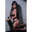 5ft 2in 158cm white female tpe sex doll with long straight black hair, large breasts, and a slim curvy figure in black bondage gear.