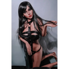 5ft 2in 158cm white female tpe sex doll with long straight black hair, large breasts, and a slim curvy figure in black bondage gear.