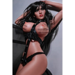 5ft 2in 158cm white female tpe sex doll with long straight black hair, large breasts, and a slim curvy figure in black bondage gear.