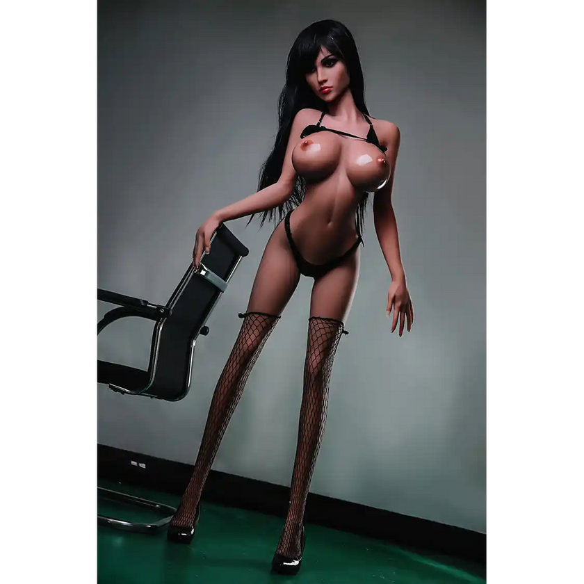 5ft 2in 158cm white female tpe sex doll with long straight black hair, large breasts, and a slim curvy figure in black bondage gear.