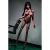 5ft 2in 158cm white female tpe sex doll with long straight black hair, large breasts, and a slim curvy figure in black bondage gear.