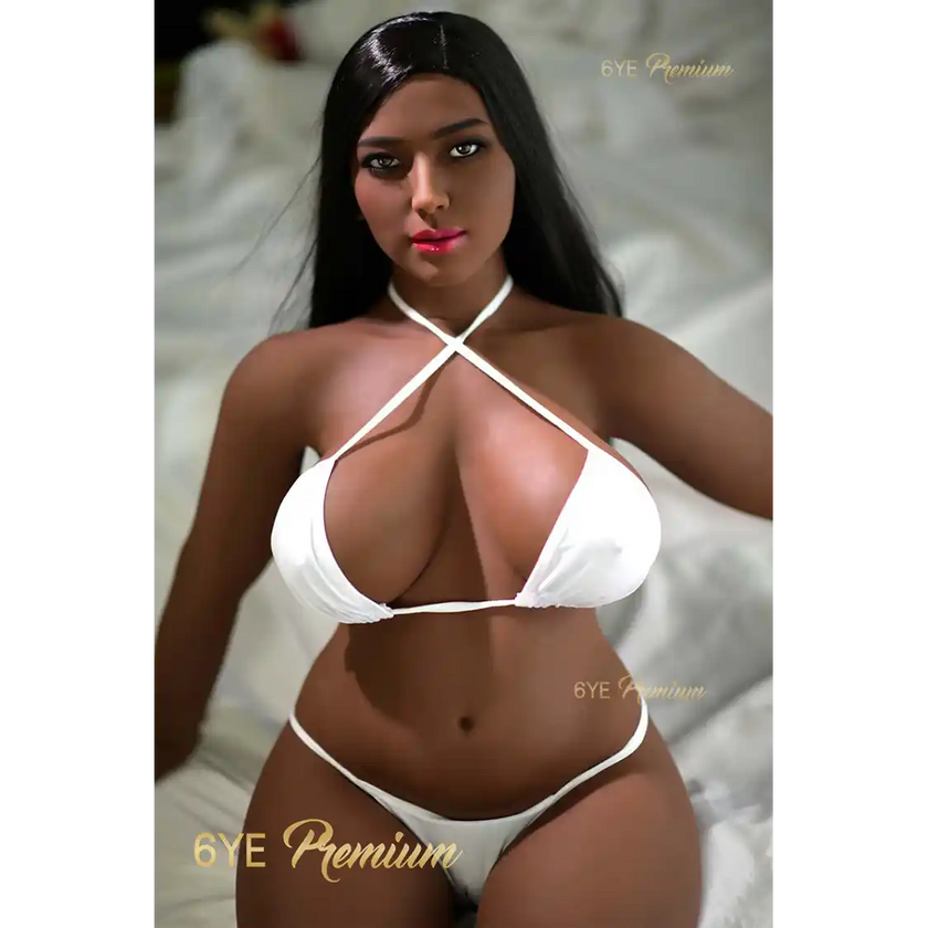 4ft 6in 138cm Curvy ebony sex doll with long black hair, dark skin, and large breasts in a white bikini.  Made by 6ye.