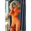 5ft 4in 163cm tall curvy blonde TPE sex doll with large E-cup breasts, brown eyes and curly blonde hair.