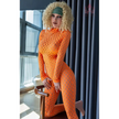 5ft 4in 163cm tall curvy blonde TPE sex doll with large E-cup breasts, brown eyes and curly blonde hair.