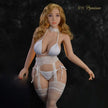 5ft 0in 152cm sex doll with long wavy blonde hair, light skin, and large breasts in white lingerie.Made by 6ye.  