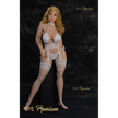 5ft 0in 152cm sex doll with long wavy blonde hair, light skin, and large breasts in white lingerie.Made by 6ye.  