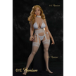 5ft 0in 152cm sex doll with long wavy blonde hair, light skin, and large breasts in white lingerie.Made by 6ye.  