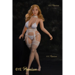 5ft 0in 152cm sex doll with long wavy blonde hair, light skin, and large breasts in white lingerie.Made by 6ye.  