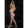 5ft 0in 152cm sex doll with long wavy blonde hair, light skin, and large breasts in white lingerie.Made by 6ye.  