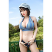 5ft 4in or 163cm curvy hybrid MILF sex doll with long legs, long brown hair, large breasts, large butt, and blue eyes in small top and very short denim shorts.