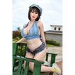 5ft 4in or 163cm curvy hybrid MILF sex doll with long legs, long brown hair, large breasts, large butt, and blue eyes in small top and very short denim shorts.