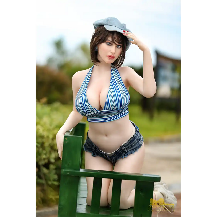 5ft 4in or 163cm curvy hybrid MILF sex doll with long legs, long brown hair, large breasts, large butt, and blue eyes in small top and very short denim shorts.
