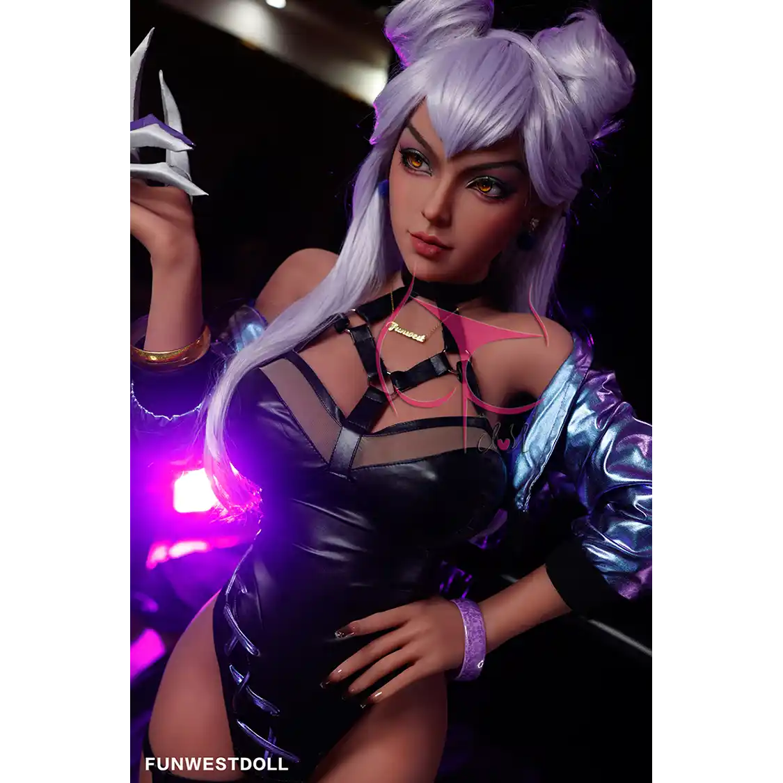 5ft 5in 155cm anime style female TPE sex doll with white hair, F-cup breasts and slim figure in a fantasy outfit.