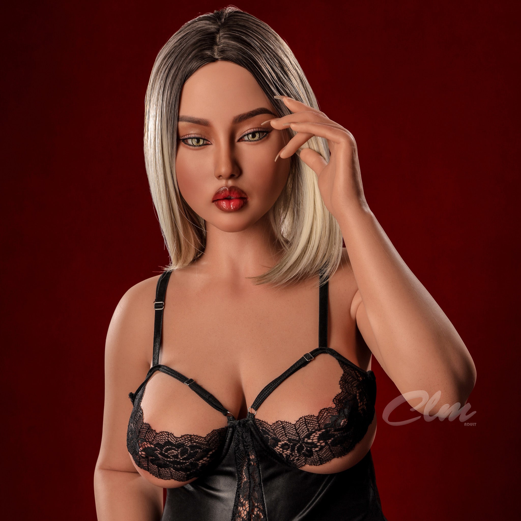 5ft 3in or 159cm silicone MILF sex doll with blonde hair, light skin, chubby figure, large breasts and hazel eyes with extremely lifelike body.  Made by Climax Doll.