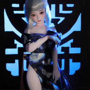 2ft 60cm anime style female mini silicone sex doll with medium breasts, light skin and a fit athletic body in a chinese dress.