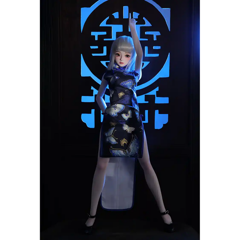 2ft 60cm anime style female mini silicone sex doll with medium breasts, light skin and a fit athletic body in a chinese dress.