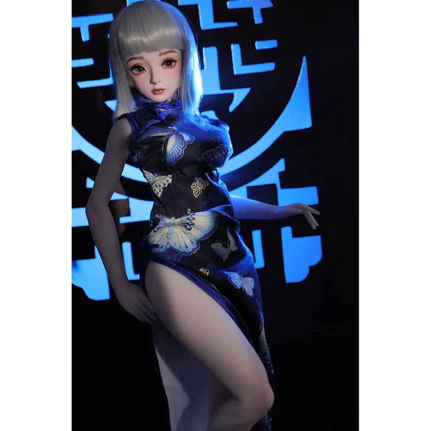 2ft 60cm anime style female mini silicone sex doll with medium breasts, light skin and a fit athletic body in a chinese dress.