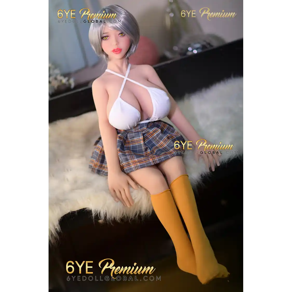 3ft 5in 105cm petite sex doll with silver hair fair skin, and large breasts in a revealing white top and plaid skirt.Made by 6ye.